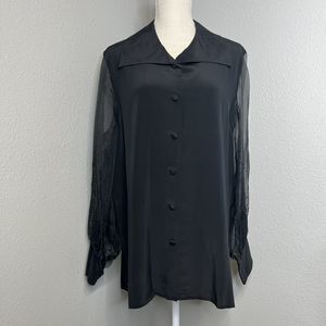 Vintage Diane von Furstenberg Black Silk Button Up Blouse Sheer Sleeve Large
